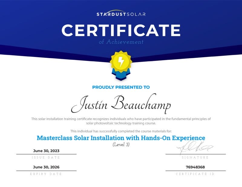 Stardust Solar Certificate